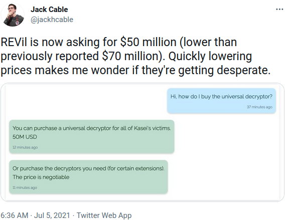 Fig. 1: REvil group asked $50M for universal decryptor. Source: Twitter