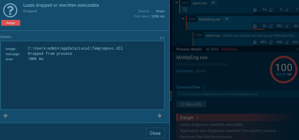 Fig. 3: DLL Side-Loading: malicious mpsvc.dll is loaded by MsMpEng.exe