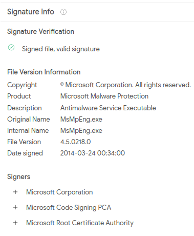 Obr. 2: Legitímny program MsMpEng.exe podpísaný Microsoftom