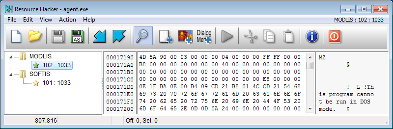 Fig. 4: Resources of agent.exe: MODLIS (mpsvc.dll) and SOFTIS (MsMpEng.exe)