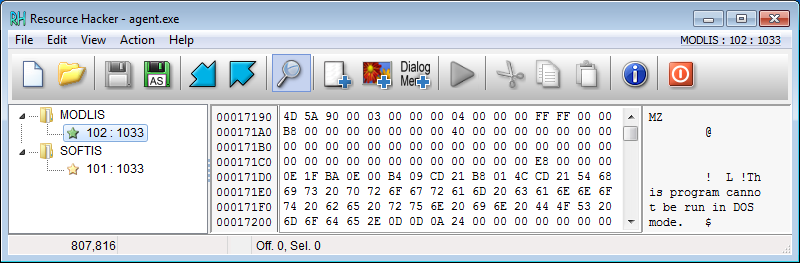 Obr. 4: Zdroje (resources) programu agent.exe: MODLIS (mpsvc.dll) a SOFTIS (MsMpEng.exe)