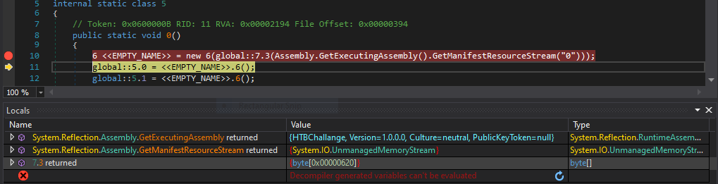 Fig. 2: dnSpy and the obfuscated program debugging - function 7.3 decrypted the payload and returned the byte array, which can be dumped for further analysis (Hack The Box sample)