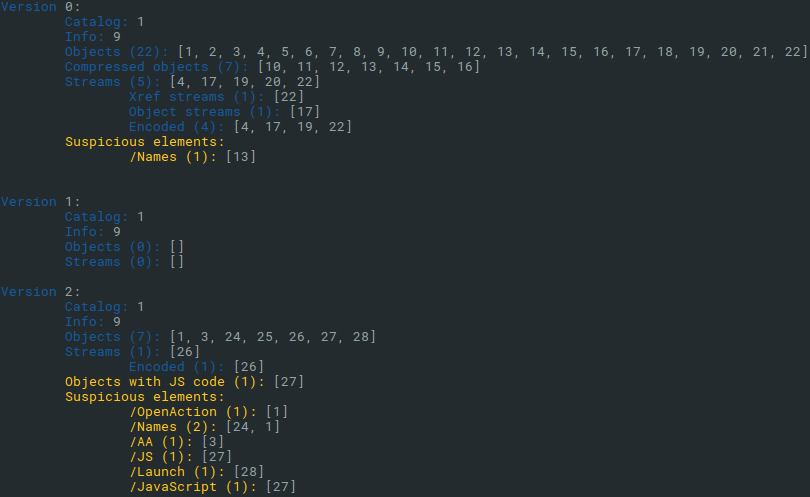 Fig. 5: peepdf and suspicious elements in PDF file. It contains Javascript and embedded malicious program Meterpreter (TryHackMe sample)