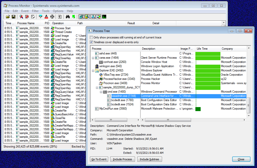 Obr. 5: Process Monitor a činnosť ransomvéru REvil; vymazanie Volume Shadow Copy pred zašifrovaním súborov