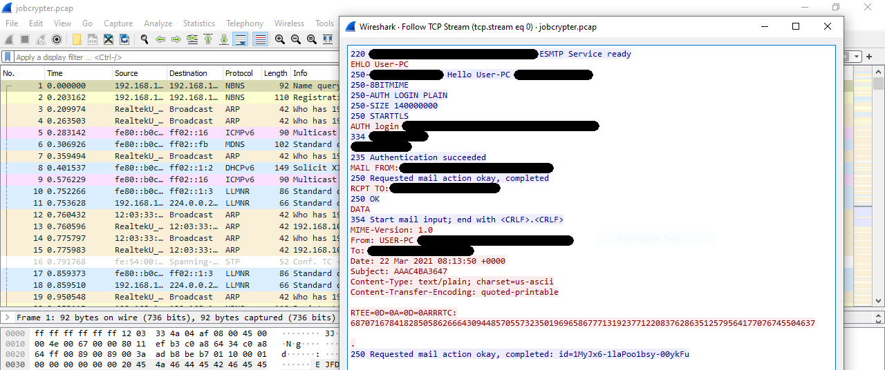 Fig. 1: Wireshark and analysis of the email sent by JobCrypter ransomware