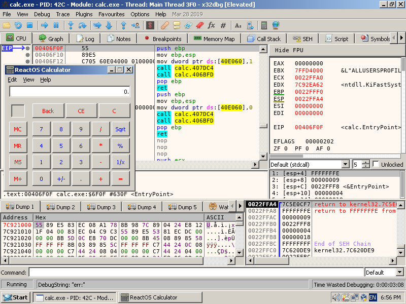 Obr. 2: x64dbg a krokovanie kalkulačky v ReactOS